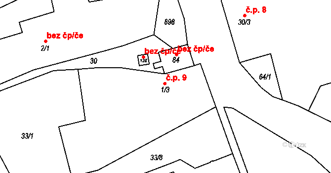 Kladruby 9 na parcele st. 1/3 v KÚ Kladruby u Teplic, Katastrální mapa