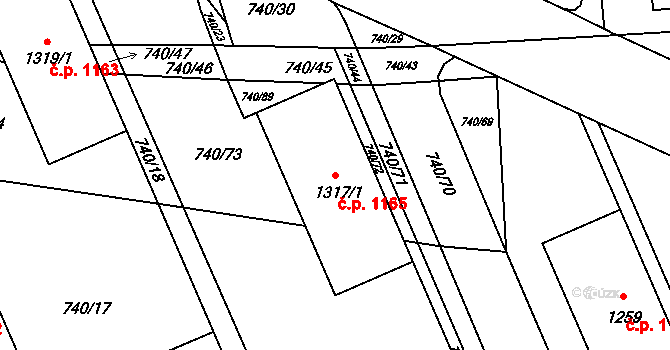 Blansko 1165 na parcele st. 1317/1 v KÚ Blansko, Katastrální mapa