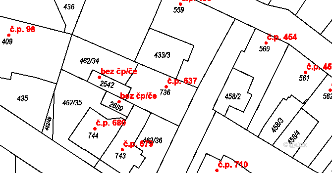 Třebechovice pod Orebem 637 na parcele st. 736 v KÚ Třebechovice pod Orebem, Katastrální mapa