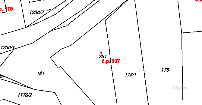 Věšín 207 na parcele st. 251 v KÚ Věšín, Katastrální mapa