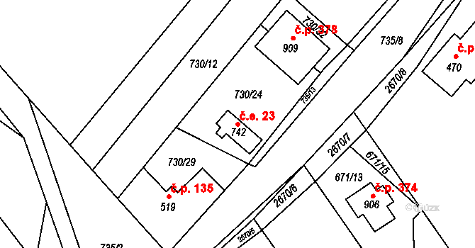 Kateřinice 23 na parcele st. 742 v KÚ Kateřinice u Vsetína, Katastrální mapa