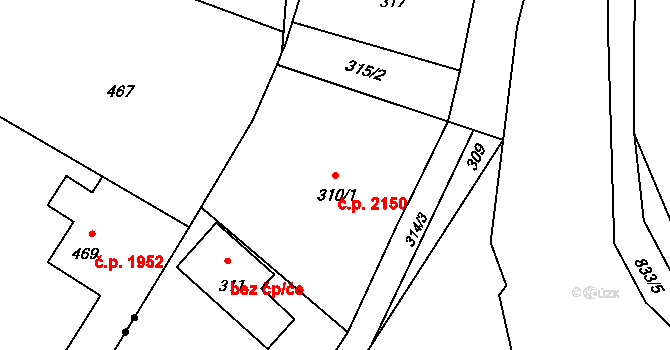 Rožnov pod Radhoštěm 2150 na parcele st. 310/1 v KÚ Hážovice, Katastrální mapa