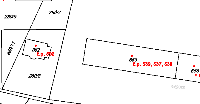 Lázně Bělohrad 537,538,539 na parcele st. 653 v KÚ Lázně Bělohrad, Katastrální mapa