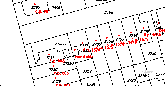 Černá Pole 1570, Brno na parcele st. 2733/1 v KÚ Černá Pole, Katastrální mapa