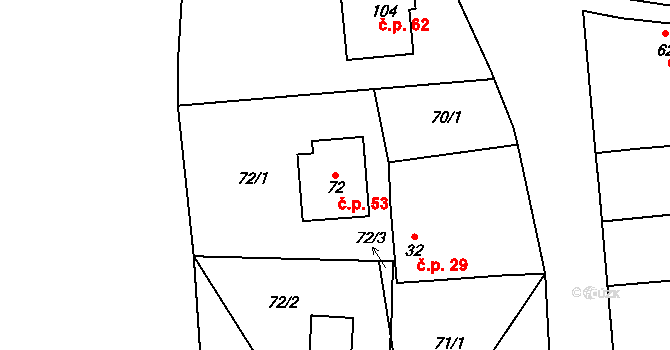 Skrýšov 53, Pelhřimov na parcele st. 72 v KÚ Skrýšov u Pelhřimova, Katastrální mapa