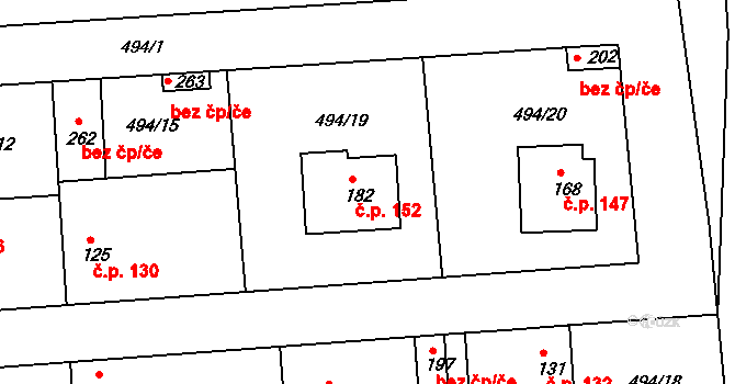 Dřínov 152 na parcele st. 182 v KÚ Dřínov, Katastrální mapa