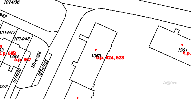 Úšovice 623,624, Mariánské Lázně na parcele st. 1360 v KÚ Úšovice, Katastrální mapa