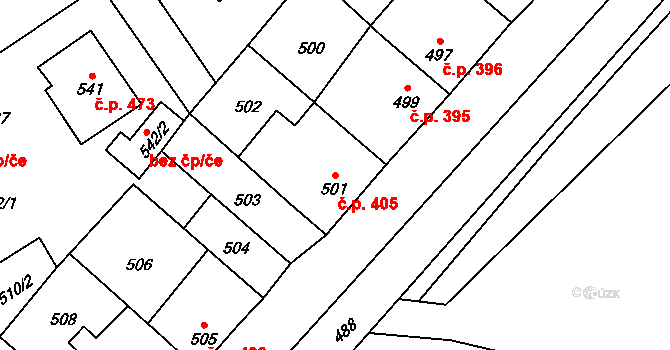 Hostomice 405 na parcele st. 501 v KÚ Hostomice pod Brdy, Katastrální mapa