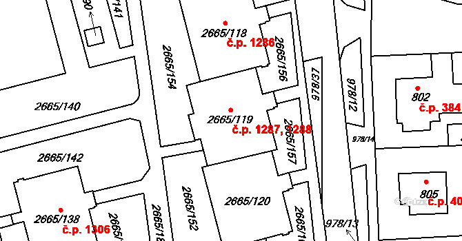 Kyje 1287,1288, Praha na parcele st. 2665/119 v KÚ Kyje, Katastrální mapa