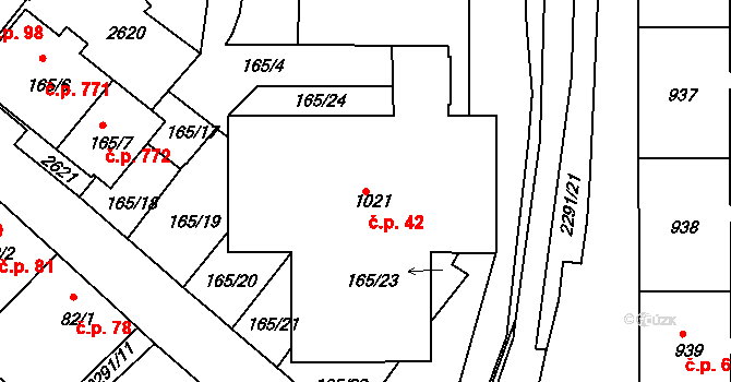 Rožmitál pod Třemšínem 42 na parcele st. 1021 v KÚ Rožmitál pod Třemšínem, Katastrální mapa
