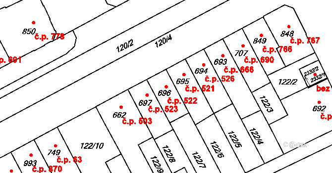 Hodolany 522, Olomouc na parcele st. 696 v KÚ Hodolany, Katastrální mapa