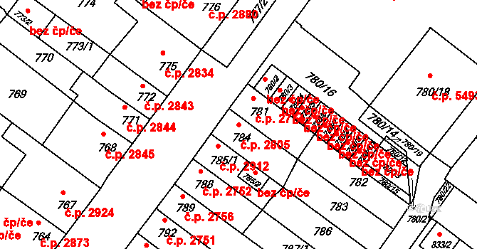 Chomutov 2805 na parcele st. 784 v KÚ Chomutov II, Katastrální mapa