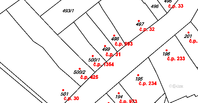 Šlapanice 31 na parcele st. 499 v KÚ Šlapanice u Brna, Katastrální mapa