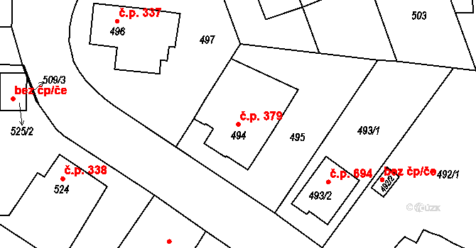 Střelice 379 na parcele st. 494 v KÚ Střelice u Brna, Katastrální mapa