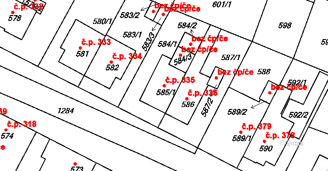 Lobzy 335, Plzeň na parcele st. 585/1 v KÚ Božkov, Katastrální mapa