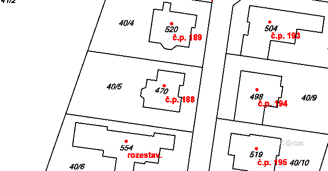 Roudnička 188, Hradec Králové na parcele st. 470 v KÚ Roudnička, Katastrální mapa