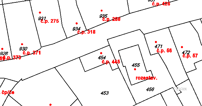 Týnec nad Labem 445 na parcele st. 454 v KÚ Týnec nad Labem, Katastrální mapa