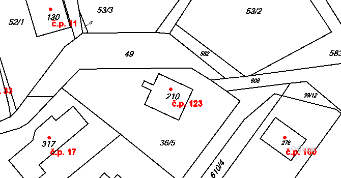 Valy 123 na parcele st. 210 v KÚ Valy u Mariánských Lázní, Katastrální mapa