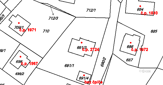 Rožnov pod Radhoštěm 2724 na parcele st. 691/3 v KÚ Tylovice, Katastrální mapa