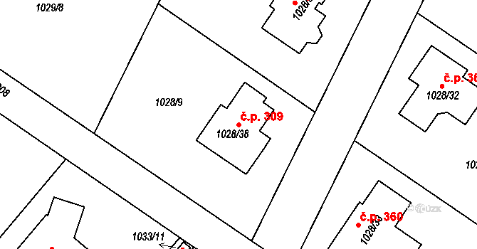 Křelov 309, Křelov-Břuchotín na parcele st. 1028/38 v KÚ Křelov, Katastrální mapa
