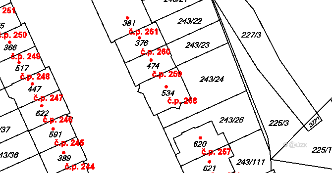 Týn 258, Třebíč na parcele st. 534 v KÚ Týn u Třebíče, Katastrální mapa