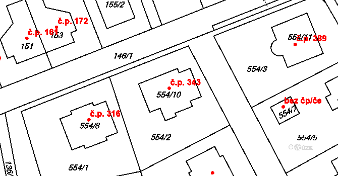 Šeberov 343, Praha na parcele st. 554/10 v KÚ Šeberov, Katastrální mapa