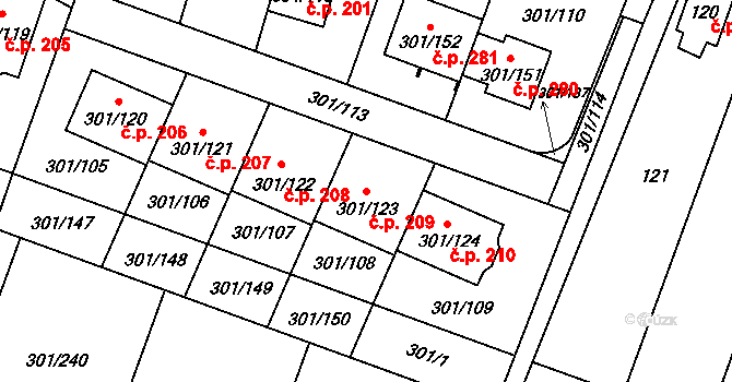 Hlušovice 209 na parcele st. 301/123 v KÚ Hlušovice, Katastrální mapa