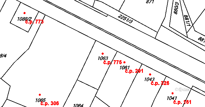 Loštice 775 na parcele st. 1063 v KÚ Loštice, Katastrální mapa
