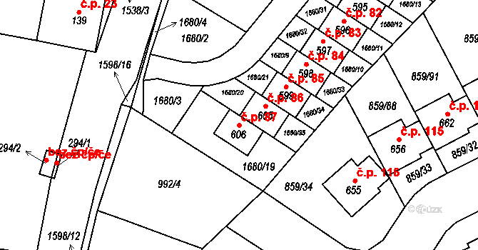 Dušníky 87, Obříství na parcele st. 606 v KÚ Obříství, Katastrální mapa