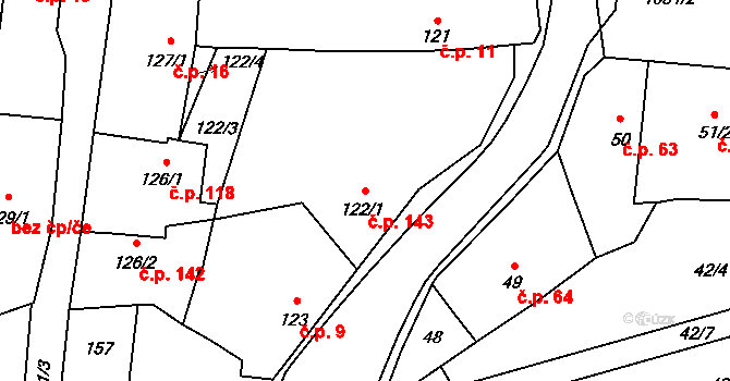 Prčice 143, Sedlec-Prčice na parcele st. 122/1 v KÚ Prčice, Katastrální mapa