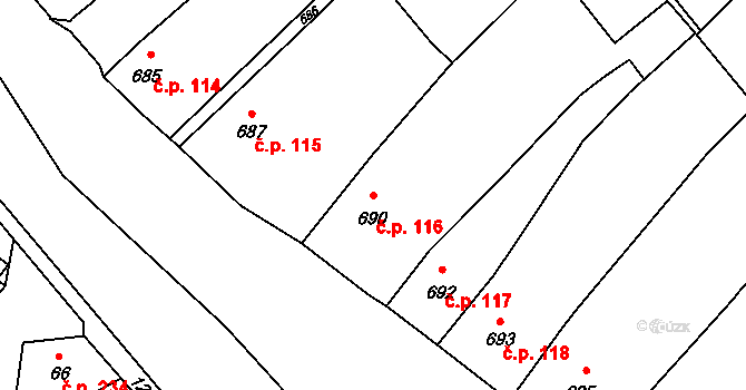 Měřín 116 na parcele st. 690 v KÚ Měřín, Katastrální mapa