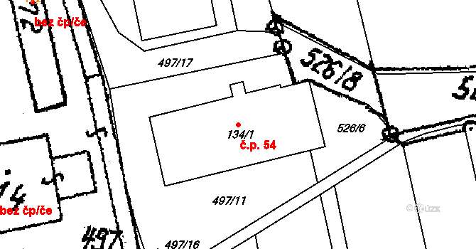 Ruda 54 na parcele st. 134/1 v KÚ Ruda u Velkého Meziříčí, Katastrální mapa
