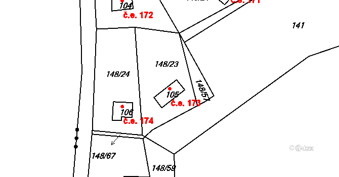 Mechová 173, Lipová na parcele st. 105 v KÚ Mechová, Katastrální mapa