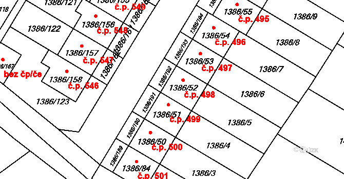Spytihněv 498 na parcele st. 1386/52 v KÚ Spytihněv, Katastrální mapa