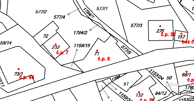 Vlčková 8 na parcele st. 71 v KÚ Vlčková, Katastrální mapa