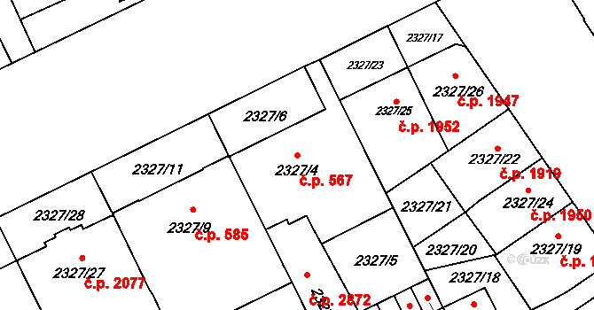 Předměstí 567, Opava na parcele st. 2327/4 v KÚ Opava-Předměstí, Katastrální mapa