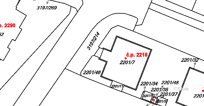 Bolevec 2218, Plzeň na parcele st. 2201/7 v KÚ Bolevec, Katastrální mapa