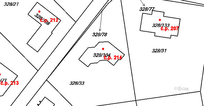 Háje 214 na parcele st. 328/104 v KÚ Háje u Příbramě, Katastrální mapa
