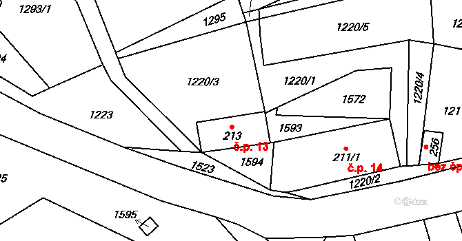 Malinné 13, Prosetín na parcele st. 213 v KÚ Prosetín u Hlinska, Katastrální mapa