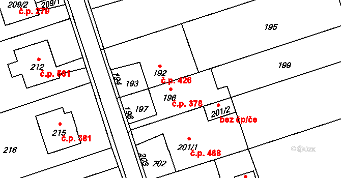 Rapotín 378 na parcele st. 196 v KÚ Rapotín, Katastrální mapa