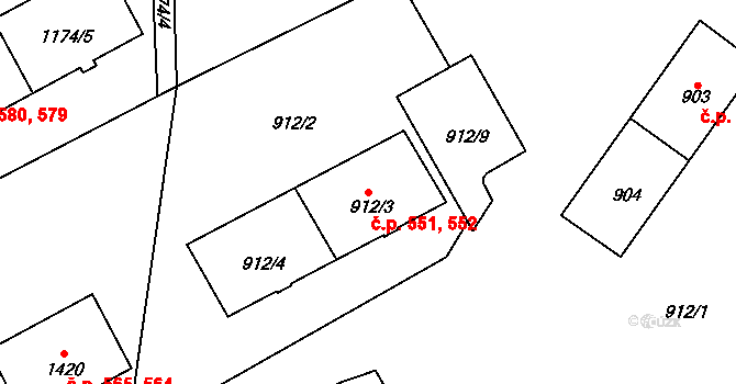 Tlučná 551,552 na parcele st. 912/3 v KÚ Tlučná, Katastrální mapa