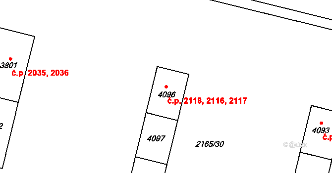 Zelené Předměstí 2116,2117,2118, Pardubice na parcele st. 4098 v KÚ Pardubice, Katastrální mapa