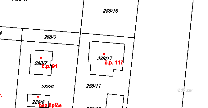 Dasný 117 na parcele st. 288/17 v KÚ Dasný, Katastrální mapa