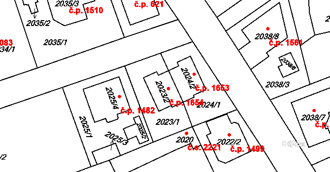Radotín 1654, Praha na parcele st. 2023/2 v KÚ Radotín, Katastrální mapa