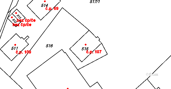 Děrné 107, Fulnek na parcele st. 515 v KÚ Děrné, Katastrální mapa