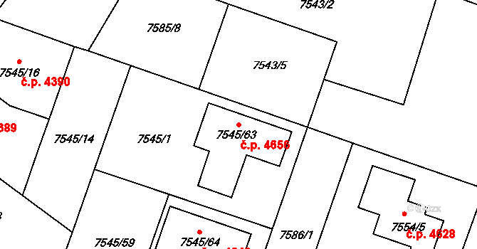 Prostějov 4656 na parcele st. 7545/63 v KÚ Prostějov, Katastrální mapa