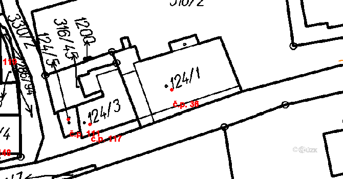 Lenora 36 na parcele st. 124/1 v KÚ Lenora, Katastrální mapa