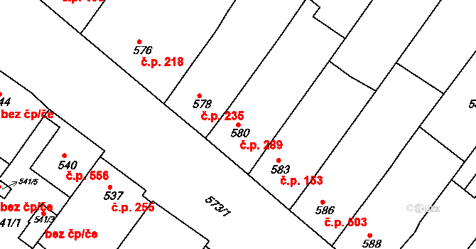 Hrušky 289 na parcele st. 580 v KÚ Hrušky, Katastrální mapa