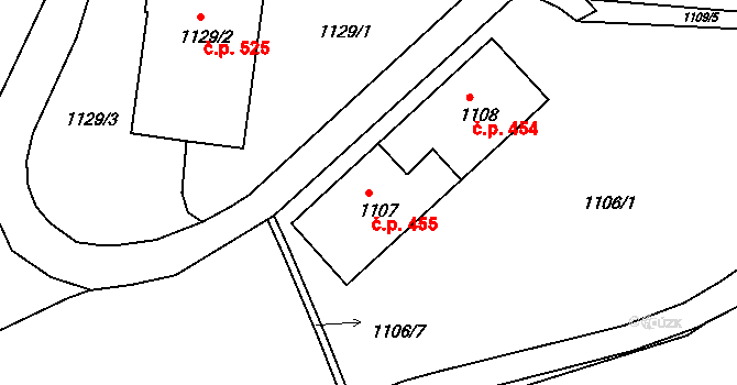 Plumlov 455 na parcele st. 1107 v KÚ Plumlov, Katastrální mapa