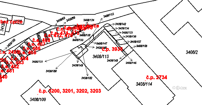 Znojmo 3938 na parcele st. 3408/113 v KÚ Znojmo-město, Katastrální mapa
